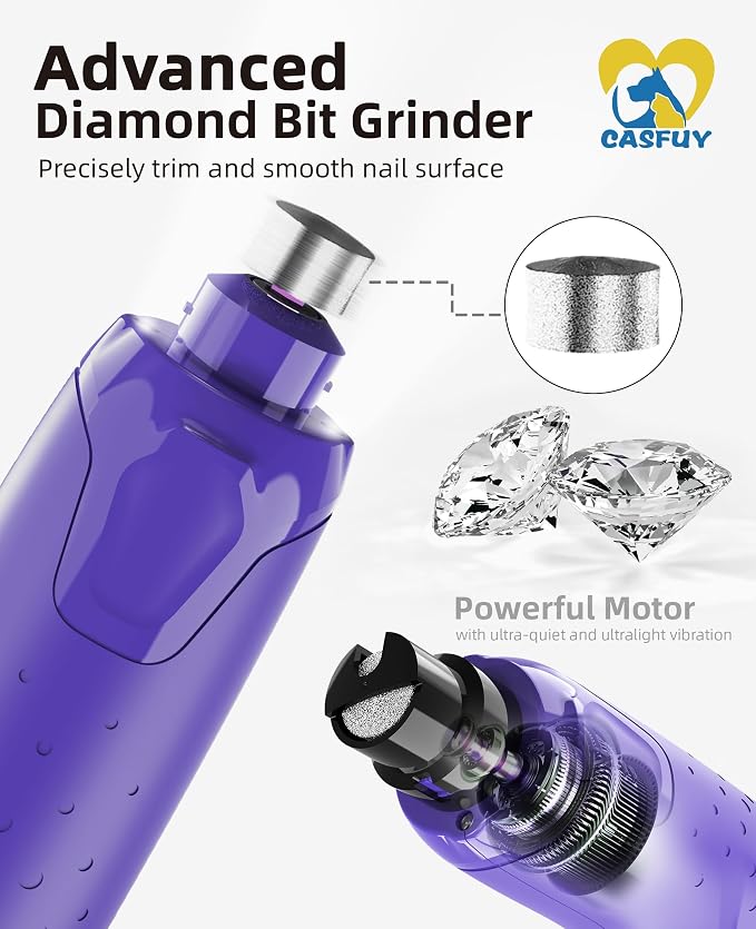 Casfuy Dog Nail Grinder Quiet - (45db) 6-Speed Pet Nail Grinder with 2 LED Lights for Large Medium Small Puppy Dogs/Cats, Professional 3 Ports Rechargeable Electric Dog Nail Trimmer with Dust Cap