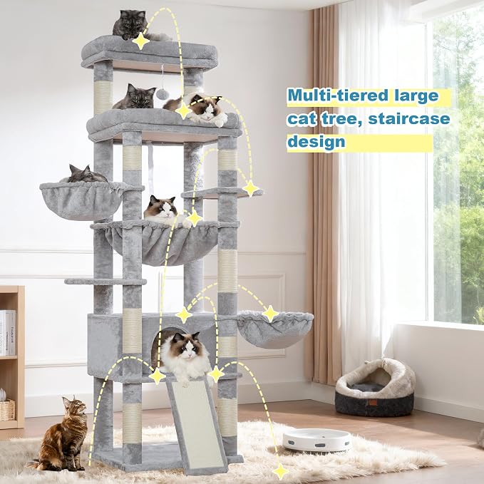 Hey-brother Cat Tree Tower with Extra Large Platform and Basket, MPJ080W | 71.7 Inches Scratching Posts with Specious Condo, 2 Cozy Hammocks, Scratch Board for Indoor Adult Cats, Maine Coon Light Gray