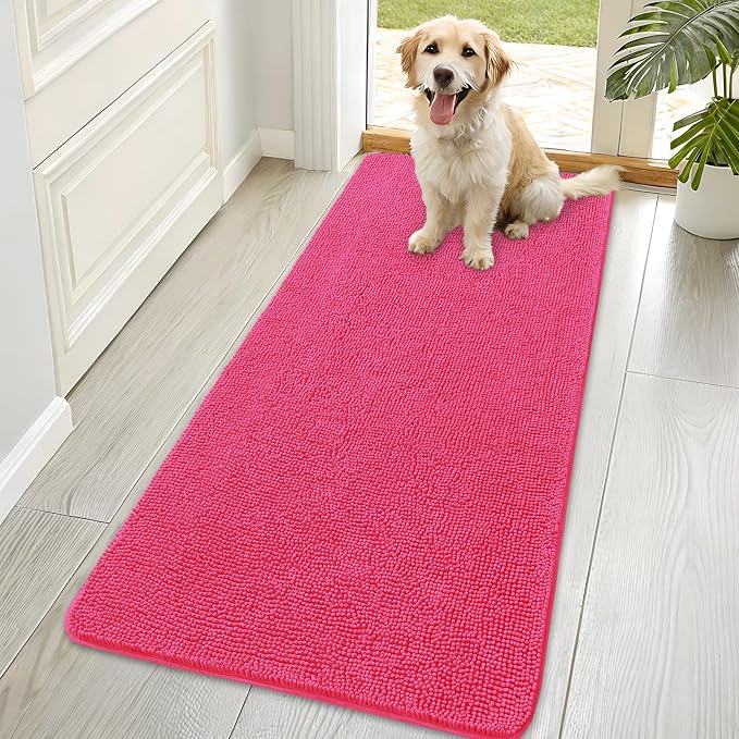 OLANLY Dog Door Mat for Muddy Paws 70x35, Super Absorbent Chenille Mud Mat | Hot Pink, Absorbs Moisture and Dirt, Non-Slip Machine Washable Doormat, Quick-Drying Indoor Entryway Floor Carpet for Dogs
