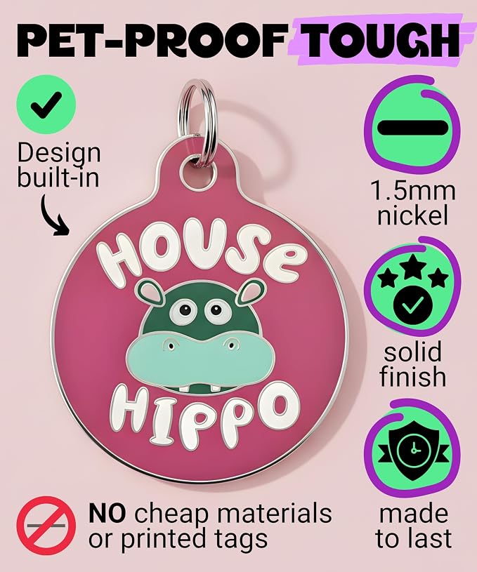 Bad Tags Personalized Dog and Cat ID Tags in 25+ Designs and 2 Sizes - 5 Lines of Custom Engraved Text - Funny Cute Personalized Pet Tags (House Hippo - Pink, Large (1.25 inch))