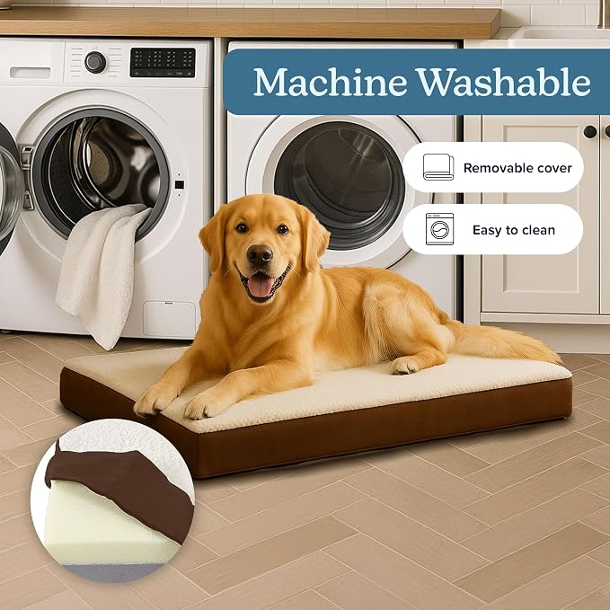 Orthopedic Dog Bed - 2-Layer Memory Foam Crate Mat with Machine Washable Sherpa Cover - 36x27 Pet Bed for Large Dogs Up to 65lbs by PETMAKER (Brown)