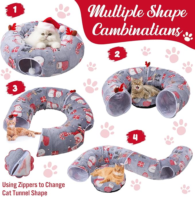 Dansydaisy 9 Pcs Cat Tunnel Under Christmas Tree, 3ft Cat Donut Tunnel with Plush Cushion and 8 Toys Cozy Washable Cave for Kittens Small Medium Pets Rabbits Gifts for Christmas