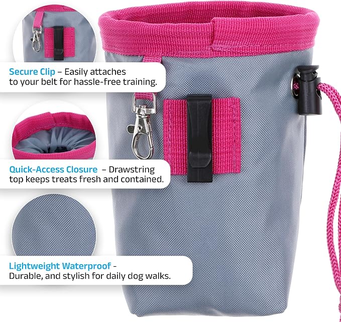 DOOG Clip On Dog Treat Pouch (Small) - Compact Hands-Free Puppy Training Reward Bag with Secure Waist Clip, Pull-String Closure & Washable Inner Lining - Grey/Pink
