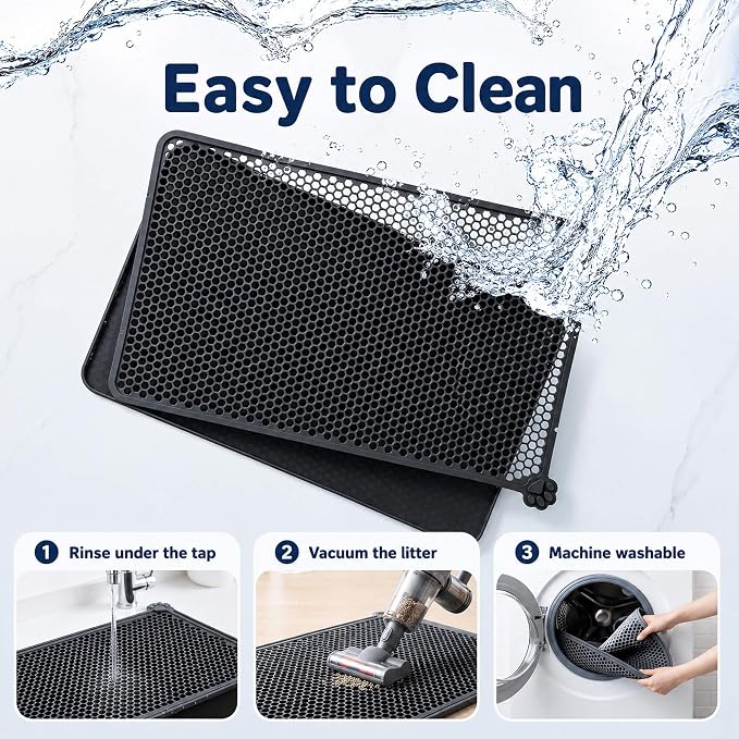 Silicone Cat Litter Mat 24x15" Double Layer Honeycomb Non-Slip | Food-Grade, Machine Washable, Anti-Crease, Claw-Proof, Raised Edges, 24 x 15‘’ Fits Standard Box, Soft on Paws