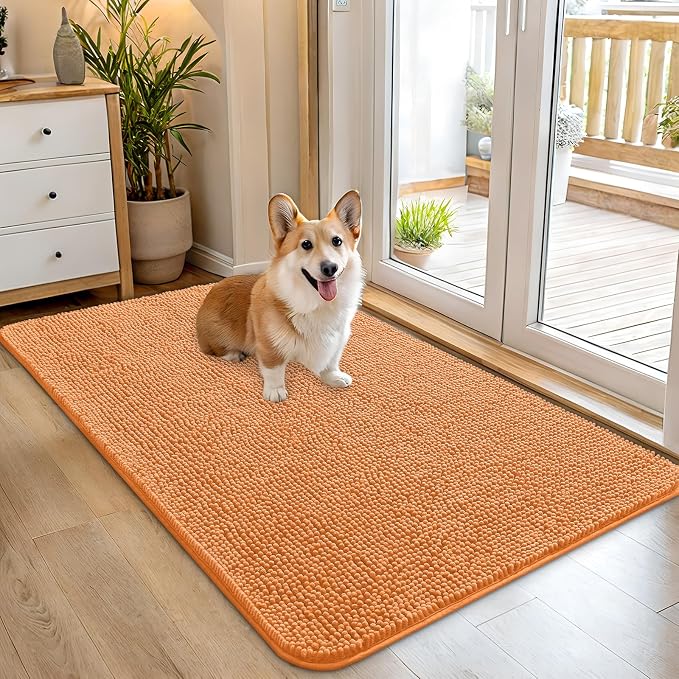 OLANLY Dog Door Mat for Muddy Paws 45x27, Super Absorbent Chenille Mud Mat | Orange, Absorbs Moisture and Dirt, Non-Slip Machine Washable Doormat, Quick-Drying Indoor Entryway Floor Carpet for Dogs
