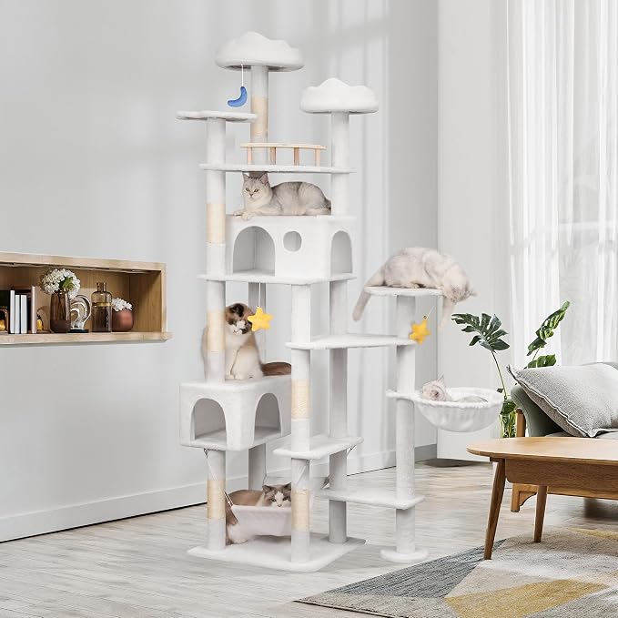 Meecal 79in Large White Cat Tree,Scratching Post,Perches,Condos & Hammocks | Sturdy Large Tower, Stable Structure for Multiple Big Cats, Heavy Duty, Scratch-Friendly ,High Weight Capacity, Tall Cat Gym