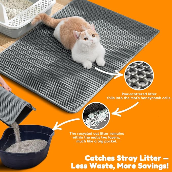 Cat Litter Mat 47"x27",Double Layer EVA Litterbox Mat Dark Gray | Extra Large Honeycomb, Waterproof & non-slip, Odor-free, easy clean, washable durable floor protector,scatter control