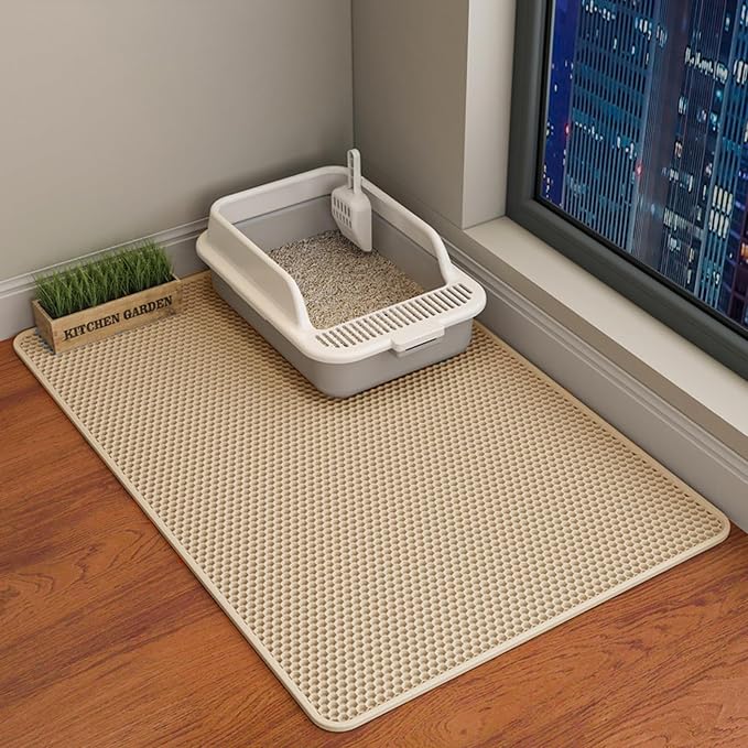 HCY&WLD Cat Litter Mat, Double Layer Cat Litter Box Mat (35x24 Inch, Khaki) | Waterproof Urine-Proof Non-Slip Litter Trapping Mat, Soft on Kitty Paws, Scratch-Resistant, Scatter Control, Easy to Clean