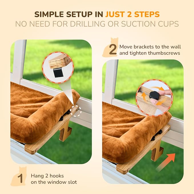 [Ready to Gift] PURRHOUSE 45LBS Cat Window Perch with Bolster, Hammock Seat with Plywood & Metal Frame, Cat Bed for Windowsill, Bedside and Cabinet (Natural Wood & Brown Cushion, 24.8''W x 9.4''H)