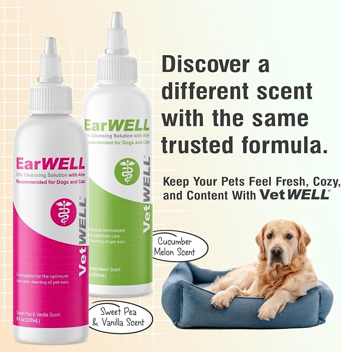 VetWELL Ear Cleaner for Dogs and Cats - Cucumber Melon - 8 oz | Otic Ear Solution for Pets to Help Manage Odor and Reduce Wax Build Up