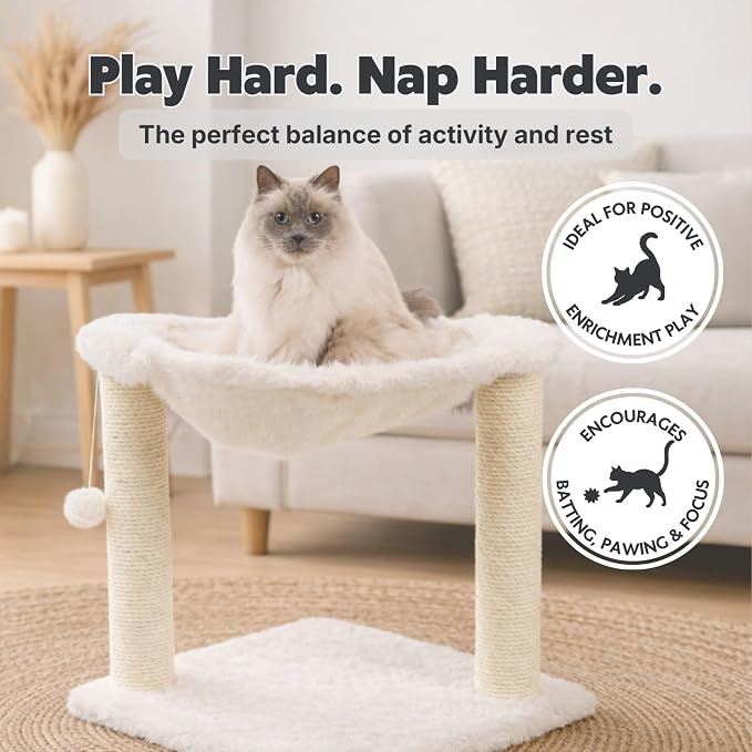 TRIXIE Baza XXL Cat Scratching Posts, Indoor Cat Furniture with Plush Hammock, Jute Scratcher Posts and Dangling Toy Ball, 18.1" L x 18.1" W x 19.7" H, Cream