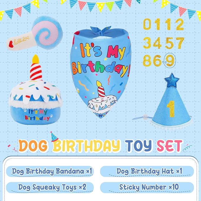 KIPRITII Dog Birthday Party Supplies – Dog Birthday Cake Toys, Birthday Bandana & Hat for Small Dogs, Interactive Puppy Plush Toys to Relieve Boredom