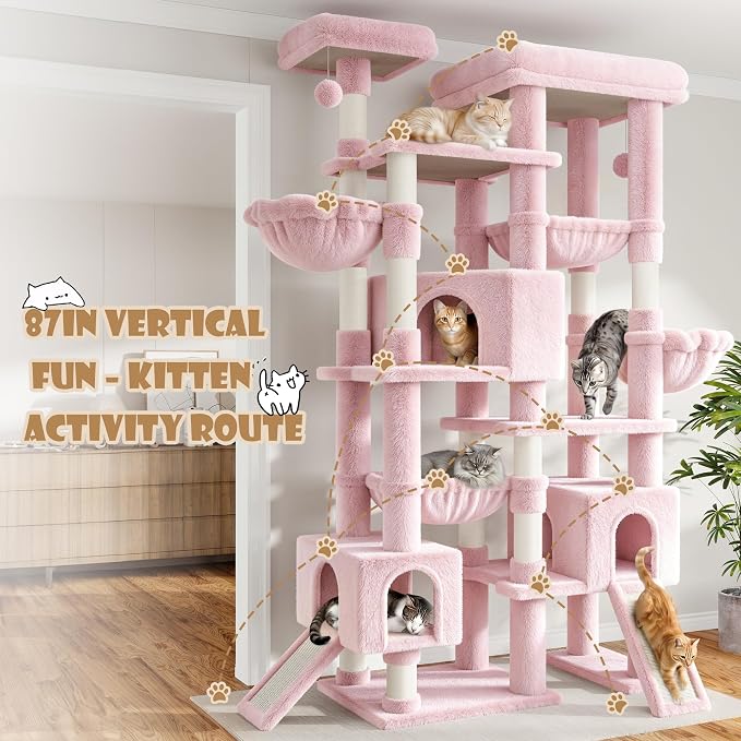 Sha Cerlin 87 in Multi-Level Tall Cat Tree Tower for Large Cats/Extra Wide Feline Activity Center/Sisal Scratching Posts/Wide Base/Cozy Plush Perches/Baskets/Hammocks/Toy Balls/Pink