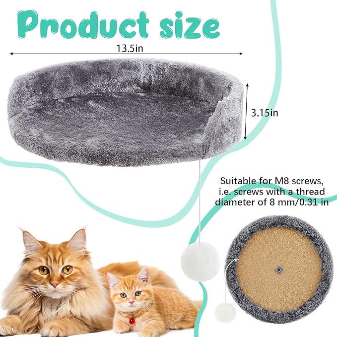 Dansydaisy 2 Pcs 13.39 Inches Semi Edged Cat Tree Replacement Parts Cat Tree Tower Accessories with Hanging Elastic Strings Pom Pom Toys and M8 Screw for Platform Perch Shelves(Gray)