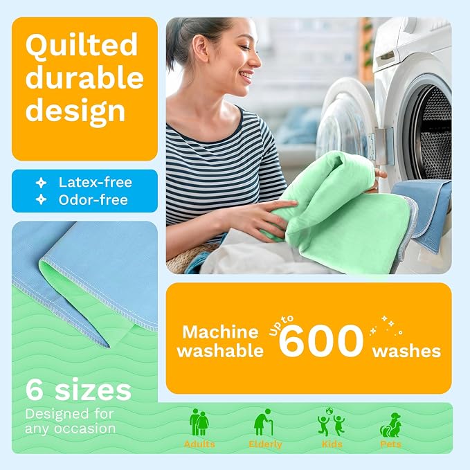 GREEN LIFESTYLE® Washable Underpads - Heavy Absorbency Reusable Bedwetting Incontinence Pads for Kids, Adults, Elderly, and Pets - Toddler Mattress Pads for Bed, Sofa, Floor (Pack of 2 - 34x52)