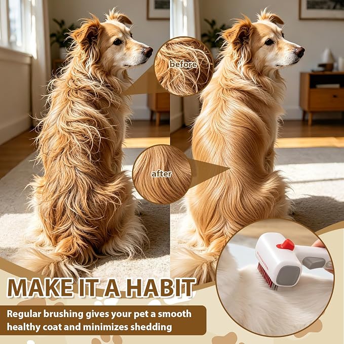 Deshedding Brush for Cats - 2-in-1 Pet Dematting Comb & Undercoat Rake | Cat Hair Removal Brush Self-Cleaning Hair Removal Brush Safely removes tangles, knots, and loose hair from your pet