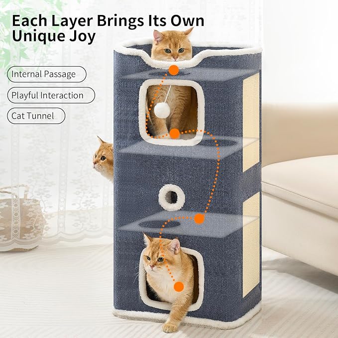 Cat House, Cat Beds for Indoor Cats, 3-Story Cat Condo Cube | Cat Bed Cave with Scratch Pad and Fluffy Ball Hanging, Multi-Level Cozy Hideout Center Ideal for Small/Medium Cats