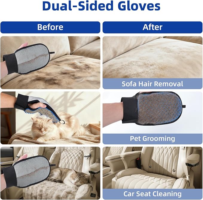 TQRR 2 in 1 Pet Hair Removal Glove for Dog & Cat, Silicone Pet Grooming Gloves, Reusable Magic Pet Hair Brush, Electrostatic Pet Hair Remover Tool for Sofa, Carpets, Furniture, Car Seats, Clothing