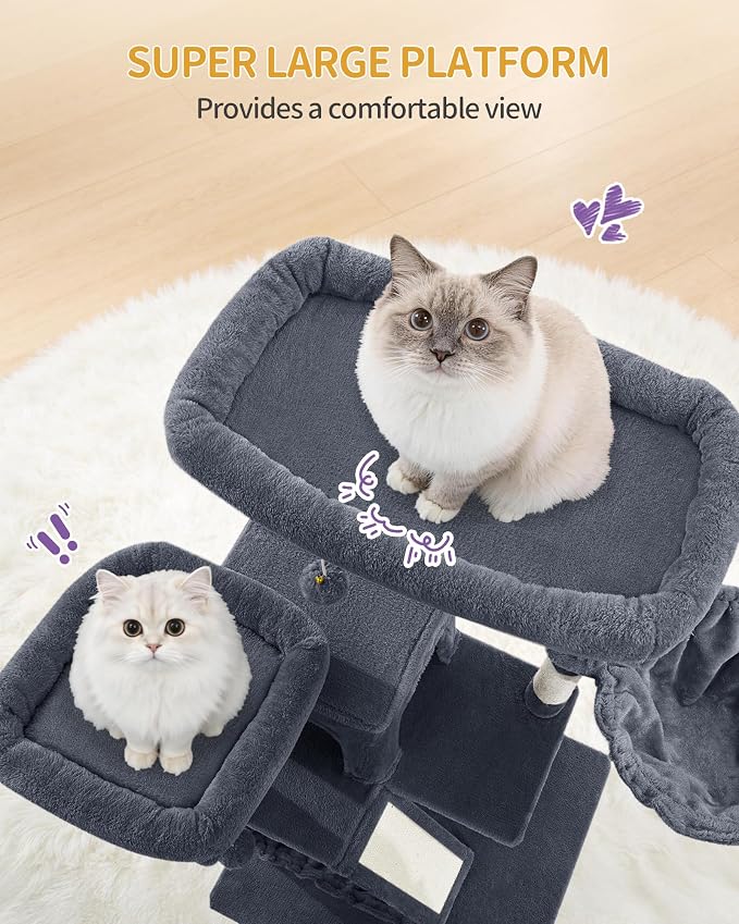 Hzuaneri Large Cat Tree, 72 Inch Tall Multi-Level Cat Tower for Indoor Cats | Cat Condo Furniture with 6 with Sisal Scratching Posts, 2 Large Platforms, 2 Cats House, Hanging Basket, Dark Gray MS18318SG