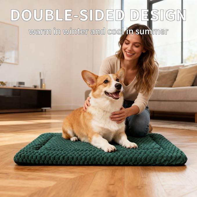 Dog Bed Mat,Reversible & Ultra Soft Kennel Pad-Machine Washable Pet Bed for Dogs & Cats-All-Weather Crate Liner for Crates,Carriers & Travel (Dark Green, 24" L x 18" W x 1.5" Th)