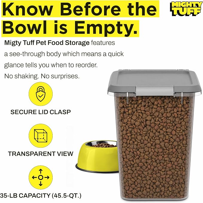 Mighty Tuff 35 lb Pet Food Storage Container with Airtight Lid, Clear | Secure lid clasp helps keep dog and cat food fresh while the clear container simplifies pantry organization.