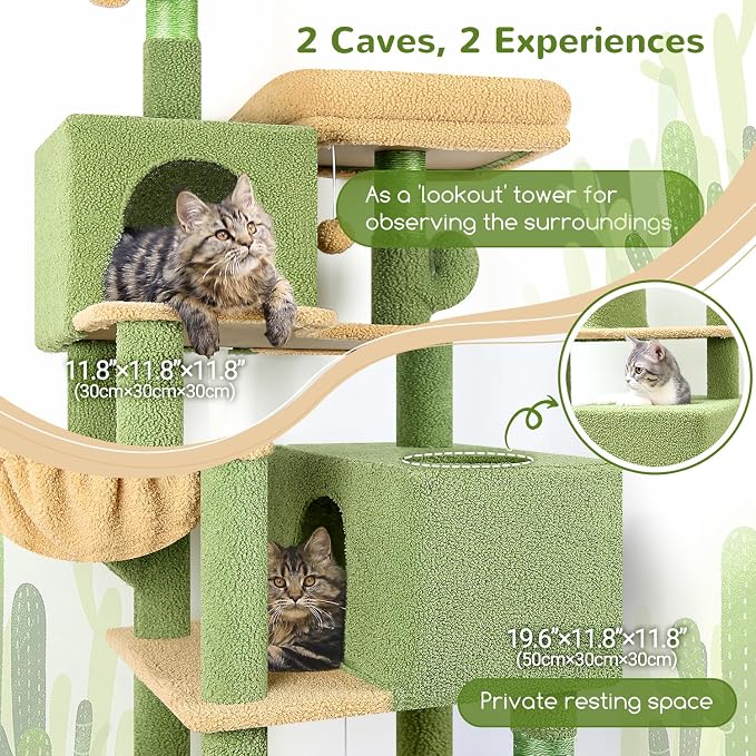 Globlazer Extra Tall Cat Tree Tower for Indoor Cats, 76in, F76, Cactus | Multi-Level Cat Furniture with Cozy Condos,Hammock and Perches for Large Adult Cats, Perfect for Climbing, Scratching