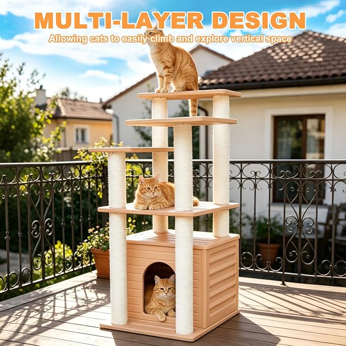 46" Indoor&Outdoor Cat Tower,Weatherproof Cat Condo with Scratching Posts | Khaki Cat Apartment with Waterproof PE Panels&PVC Tubes,Equipped with Polypropylene Scratching Ropes,Sturdy and Durable CTT-9