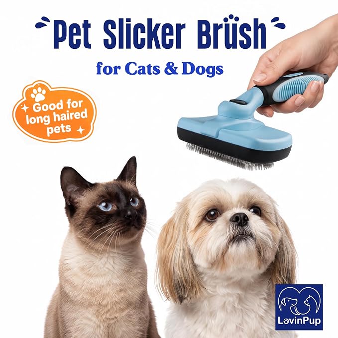 Pet Slicker Brush – Self Cleaning Brush for Dogs & Cats | Retractable Bristles for All Hair Types – Massaging Pins Remove Tangles & Mats Painlessly – Durable Grooming Tool for Pets