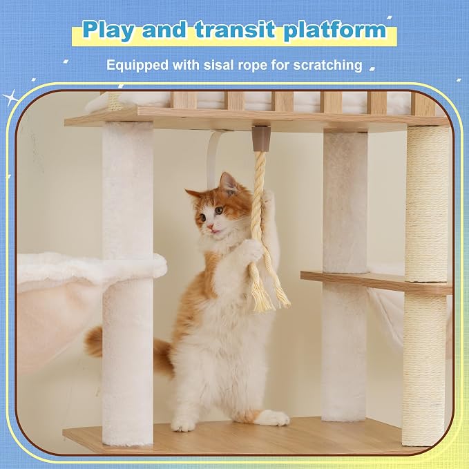 Hey-brother Wooden Cat Tree, Furniture Tower with Large Platforms, MPJ121BT | 69.7 inch, Modern Full Sisal Scratching Posts, Hammocks, Spacious Condo, Ladder, Brush, Water Proof Surface, White Oak
