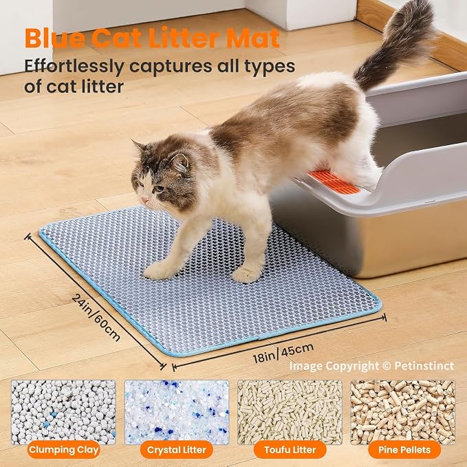 Cat Litter Mat, Double Layer Honeycomb Litter Box Mat | 24x18”, Efficient Litter Trapping, Easy to Clean, Waterproof, Non-Slip, Soft on Paws, Scratch Resistant, Blue, Large
