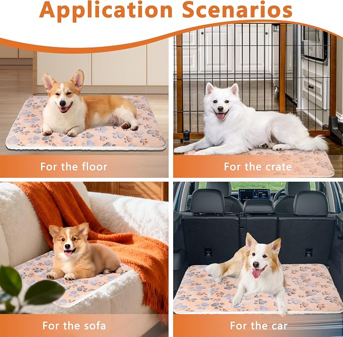 Dog Bed Mat,Soft Dog Kennel Pad with Cute Pattern (Orange Paw, M) | Multi-Size Durable & Machine Washable,Pet Pad for Dogs & Cats