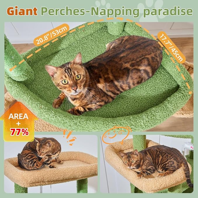 Taoqimiao Heavy-Duty Cat Tree, 71 in Cat Tower for Large Cats 20lbs+ | 3 Giant Multi-Tier Perches, Widened Cat Condo with 9 Scratching Posts, Plush Hammock & Basket, Toys, Cactus, MS034T