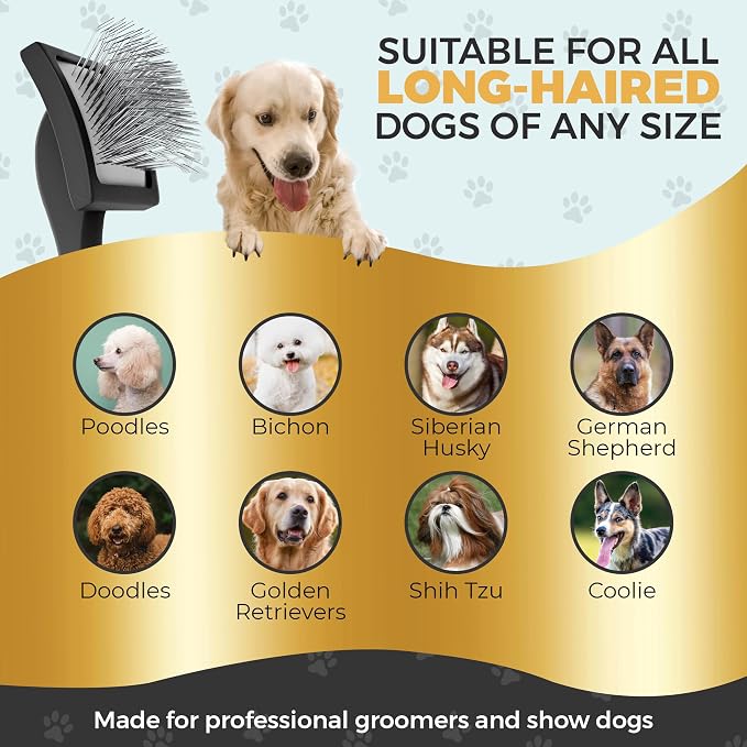 PawsltlveShine Dog Slicker Brush - Easy Grooming Brush for Poodles, Goldendoodles, Golden Retrievers - Dog Brush for long haired dogs - Effortless Grooming, Dematting, Deshedding - Black, Large