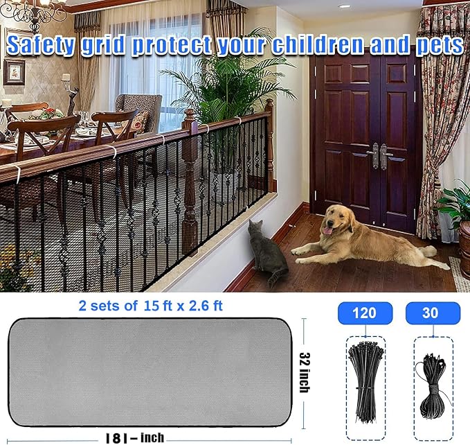 Baby Gate for Stairs, Banister Guard for Kids, Pets, Toys, 2 Set 15ft L x 2.66 ft HMesh Netting Safety Net for Balcony Rail Stair, Stairway Net Safety Products for Indoor & Outdoor (Black)