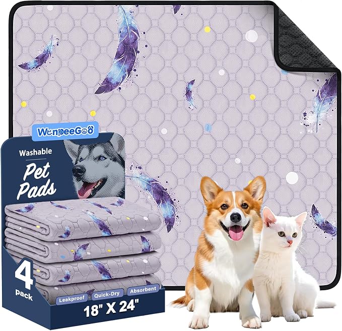 Washable Dog Pee Pads, Non-Slip Waterproof, 18 x 24 in, 4 Pack, Feather | Super absorbent, waterproof and non-slip; washable, reusable dog pads for crates, playpens, floors, furniture and travel