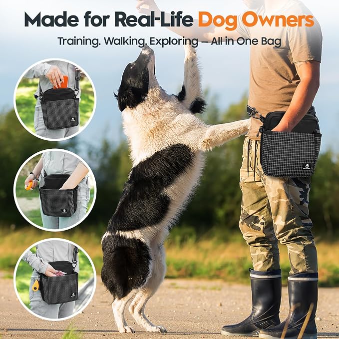 Dog Treat Pouch for Training, Magnetic Dog Walking Bag and Fanny Pack | Large treat pocket with poop bag dispenser, clicker and bowl; hands-free for dog training, walks, park trips and travel