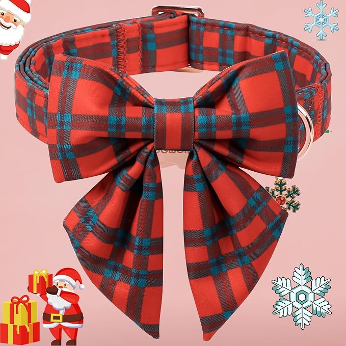 DOGWONG Christmas Dog Collar with Bow Tie, Red Green Plaid Dog Collar Durable Metal Buckle Adjustable Soft & Cute Red Checkered Dogs Collars for Small Medium Large Dogs, S