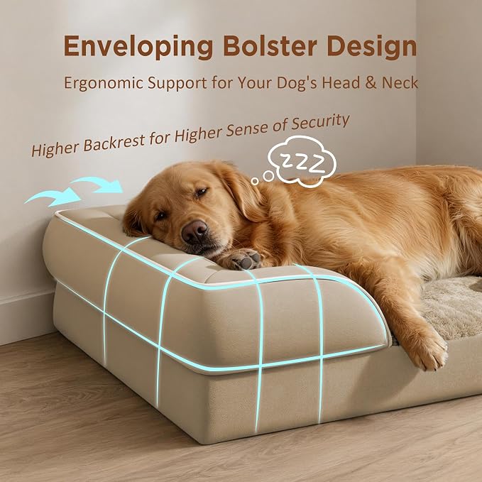 Comfort Expression Orthopedic Dog Bed for Extra Large Dogs with Bolster | Waterproof Dog Couch Bed with Washable Cover & Non-Slip Bottom, Supportive Egg Crate Foam Big Dog Bed, 53x42Inch
