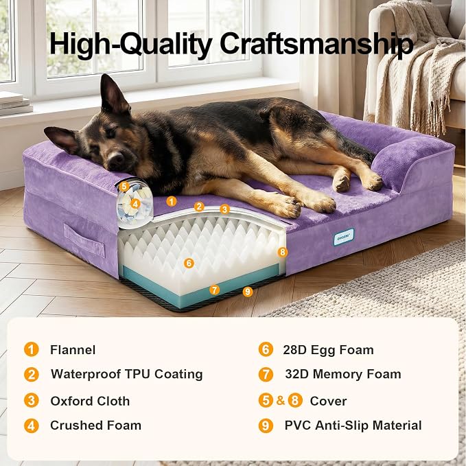 OhGeni Orthopedic Dog Bed Couch Big Cat Sofa for Extra Large Sized Pets with Memory Foam, Machine-Washable Waterproof Removable Cover, Soft Comfortable Fabric, 44-inch (Purple)