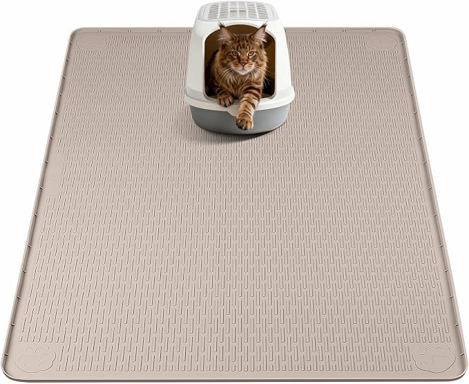 Silicone Cat Litter Mat for Litter Box 40”x40” Large Cat Mat, Khaki | Waterproof, Non-Slip, Leak-Proof Rug Mat with Lip, Easy to Clean, Extra Large Litter Catcher Mat for Floor