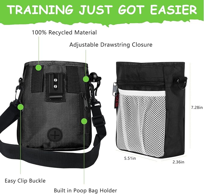 SZO Dog Training Treat Pouch with Training Clicker, Black | Dog Treat Pouch Set Includes Clicker for Pet Training, 3 Wear Styles with Waist Belt Shoulder Strap