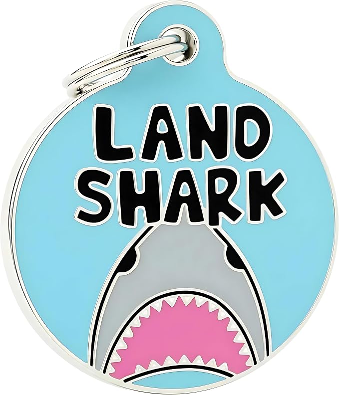 Bad Tags Personalized Dog and Cat ID Tags in 25+ Designs and 2 Sizes - 5 Lines of Custom Engraved Text - Funny Cute Personalized Pet Tags (Land Shark, Small (1 inch))