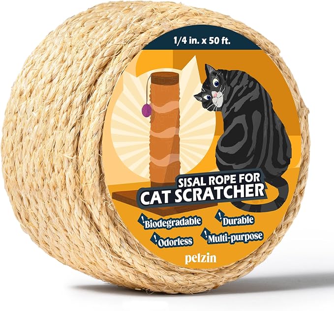Pelzin Natural Sisal Rope for Cat Scratcher 1/4 Inch by 50 Feet, Cat Tree Rope Twine for Cat Scratching Post Replacement, Cat Tower with Scratch Post Repairing, Replace, Recovering and DIY, Natural
