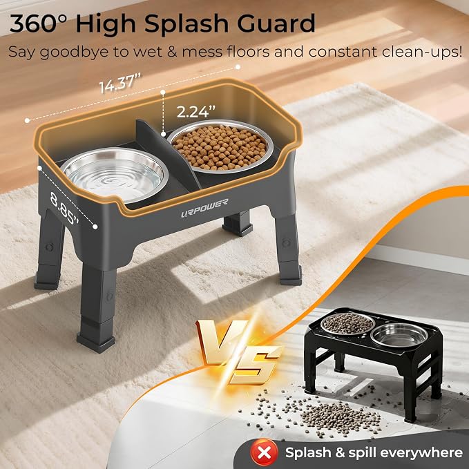 URPOWER Mess Proof Elevated Dog Bowls 4 Height Adjustable Raised Bowl Stand with 2 Stainless Steel Dog Bowls Non-Slip Food and Water Bowl Set for Small Dogs, Grey
