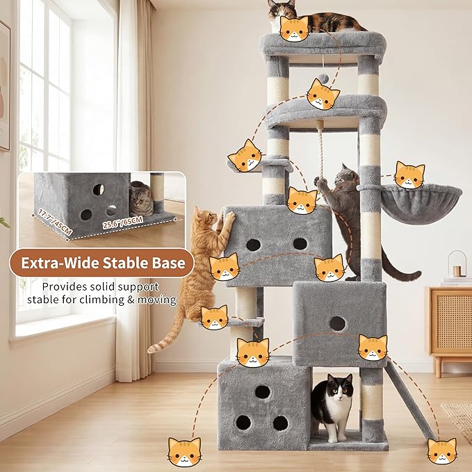 Heybly Cat Tree, 74-Inch Streamlined Cat Tower for Large Cats HCT061W | Cat Furniture with 3-Tier Stacked Condos, Large Perch, Sturdy Base, Full Sisal Scratching Posts & Ramp, Light Gray