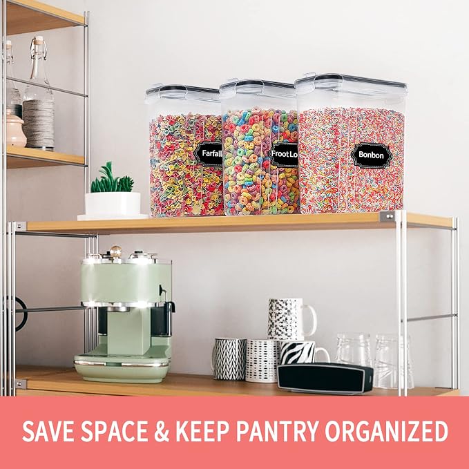PRAKI Large Dry Food Storage Containers with Lids, 6PCS Airtight Cereal Containers Storage Set, Leak-proof Canister Set for Kitchen Pantry Organization with 20 Labels & Marker (4L Black)