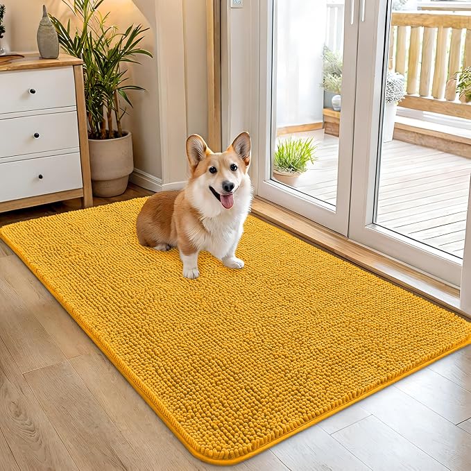 OLANLY Dog Door Mat for Muddy Paws 45x27, Super Absorbent Chenille Mud Mat | Golden Yellow, Absorbs Moisture and Dirt, Non-Slip Machine Washable Doormat, Quick-Dry Indoor Entryway Floor Carpet for Dogs