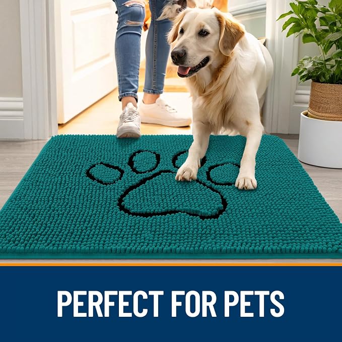 OLANLY Dog Door Mat for Muddy Paws 30x20, Paw Print Design Chenille Mud Mat | Lake Blue, Absorbent, Traps Moisture and Dirt, Non-Slip Washable Doormat, Quick-Drying Indoor Entryway Floor Carpet for Dogs