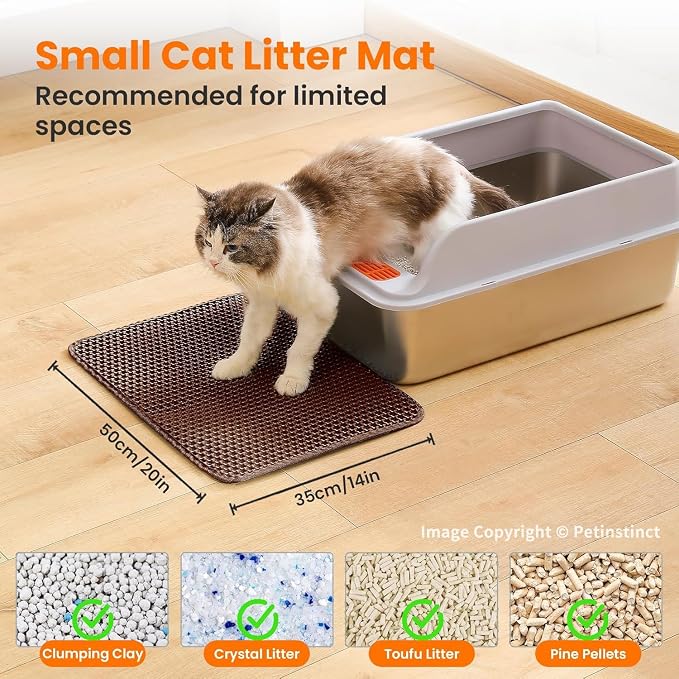 Small Cat Litter Mat, Double Layer Honeycomb Litter Box Mat | 20x14”, Reduces Litter Tracking, Waterproof, Non-Slip, Soft on Paws, Scratch Resistant, Easy to Clean, Brown