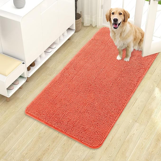 OLANLY Dog Door Mat for Muddy Paws 40x24, Super Absorbent Chenille Mud Mat | Coral, Absorbs Moisture and Dirt, Non-Slip Machine Washable Doormat, Quick-Drying Indoor Entryway Floor Carpet for Dogs